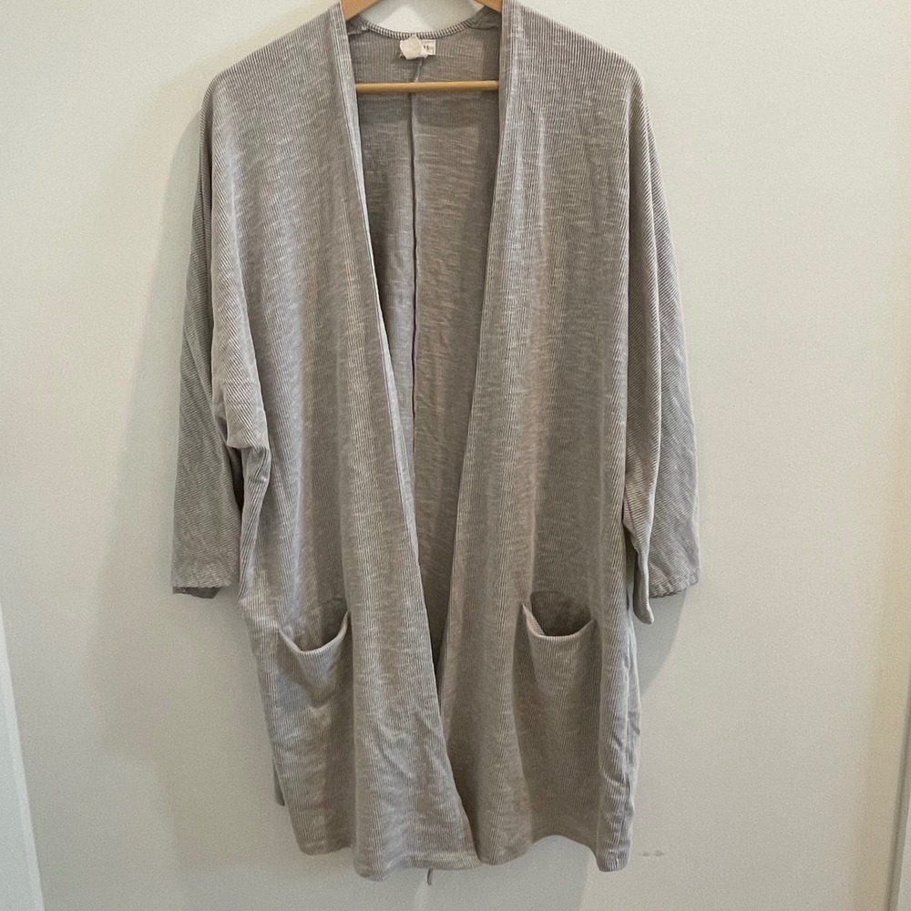 Donni Grey White Ribbed Knit Open‎ Front Cardigan OSFA Plus Oversized Sweater
